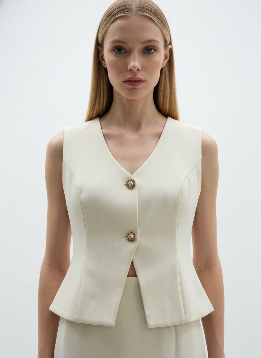Woman wearing a white sleeveless blazer with gold buttons on a plain background