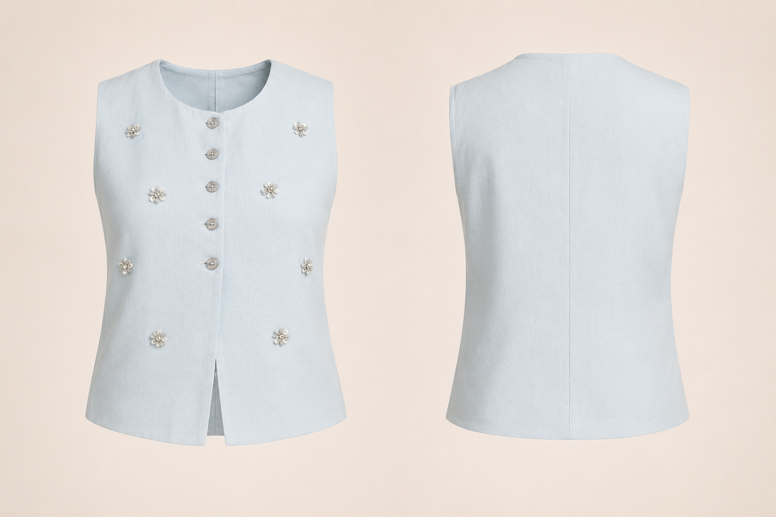 Light blue vest with decorative buttons on a beige background