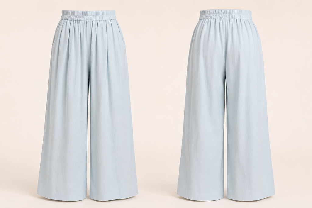 Light blue wide-leg pants on a beige background