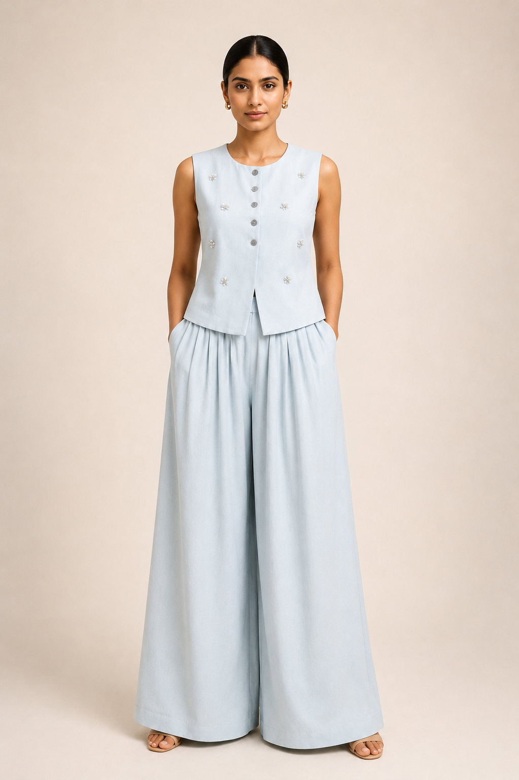 Woman wearing a light blue sleeveless top and wide-leg pants on a beige background