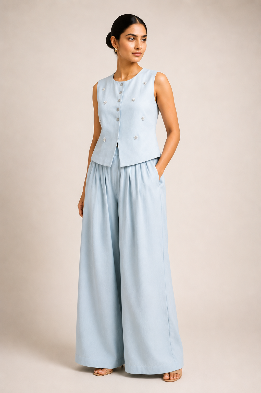 Woman wearing a light blue sleeveless top and wide-leg pants against a beige background