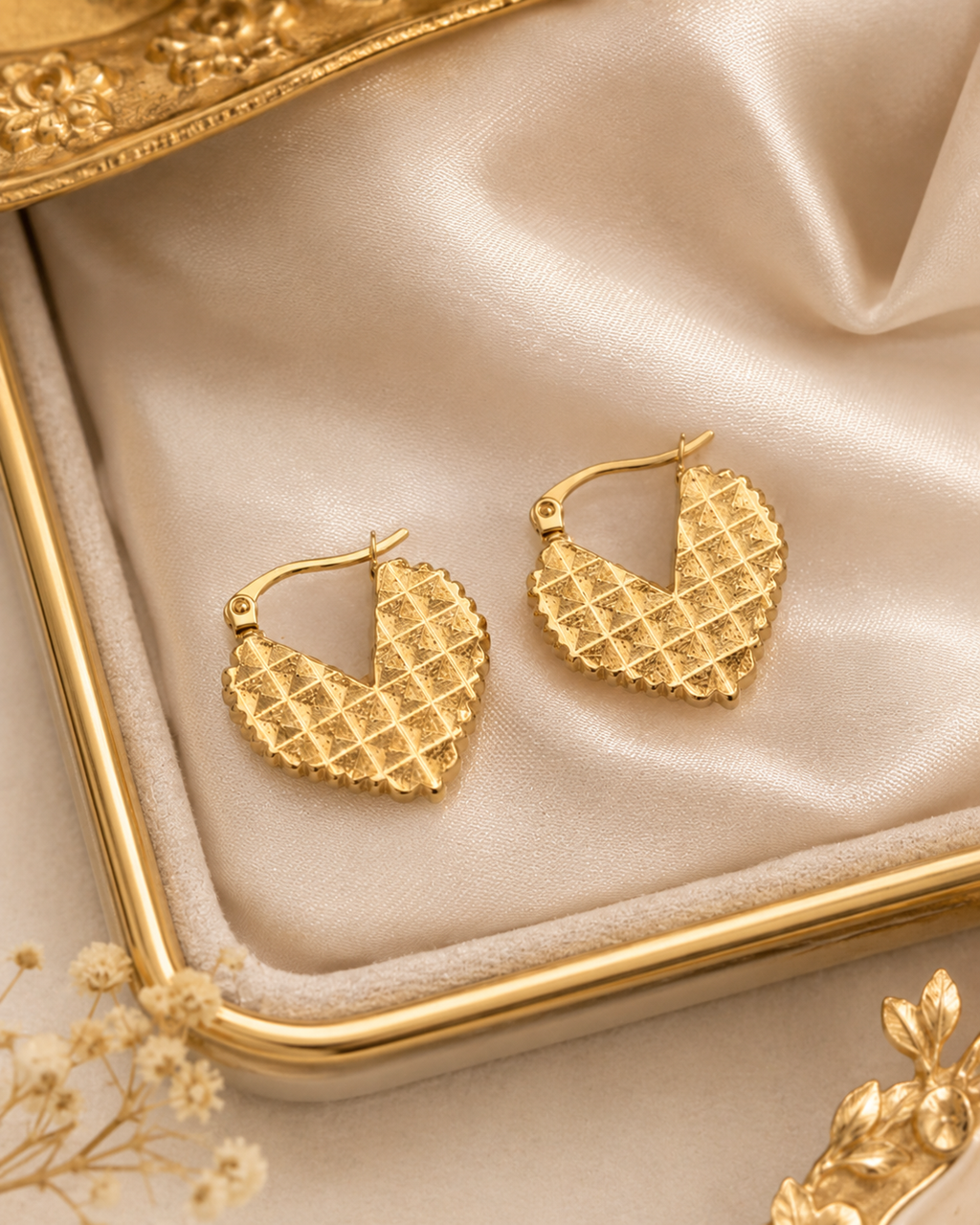 Golden Heart Quilted Hoop Earrings