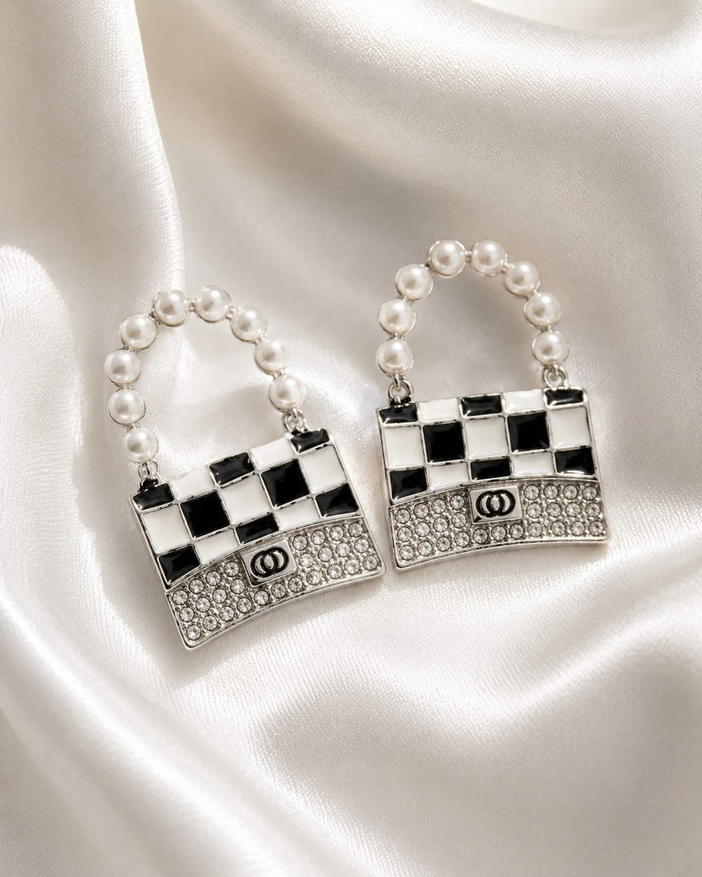Silver Pearl Handle Mini Bag Drop Earrings