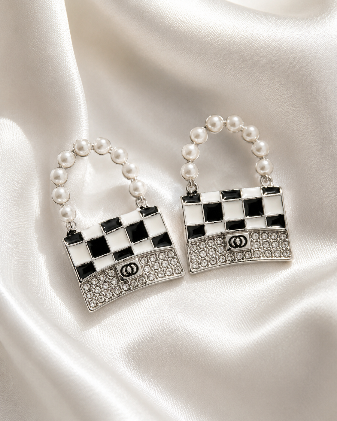 Silver Pearl Handle Mini Bag Drop Earrings