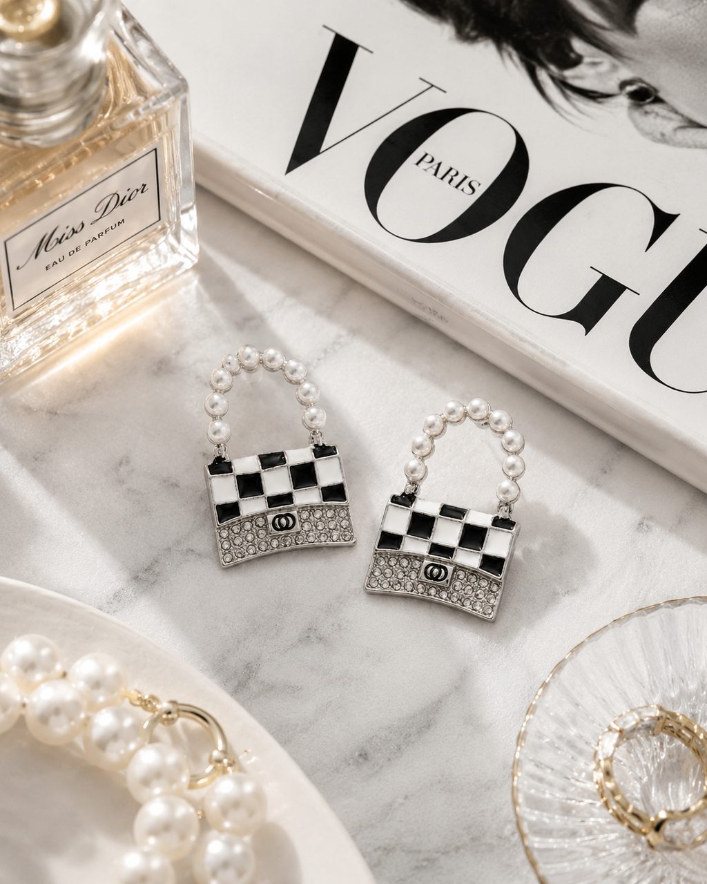 Silver Pearl Handle Mini Bag Drop Earrings