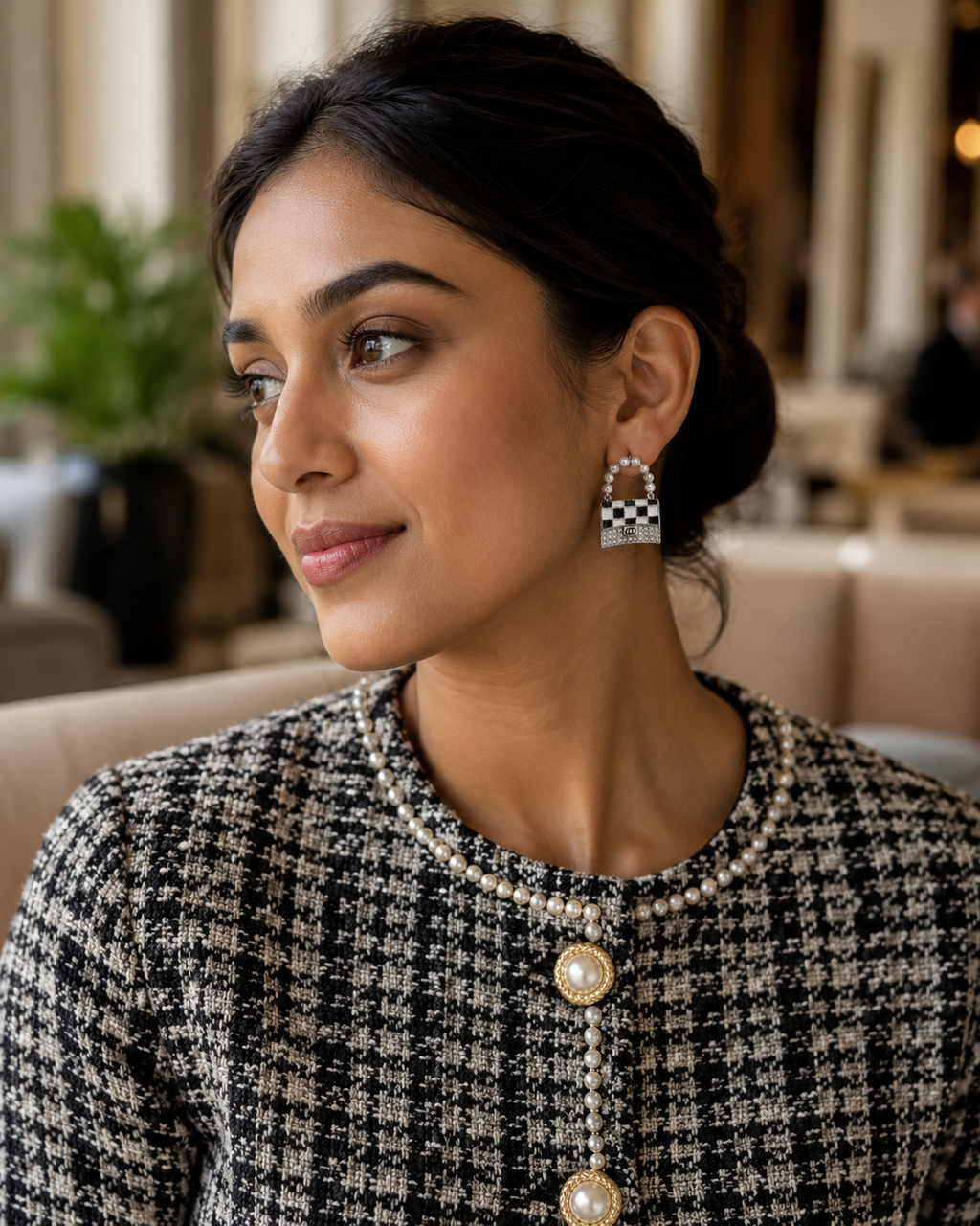 Woman wearing a black and white checkered jacket with pearl buttons in an indoor setting.
