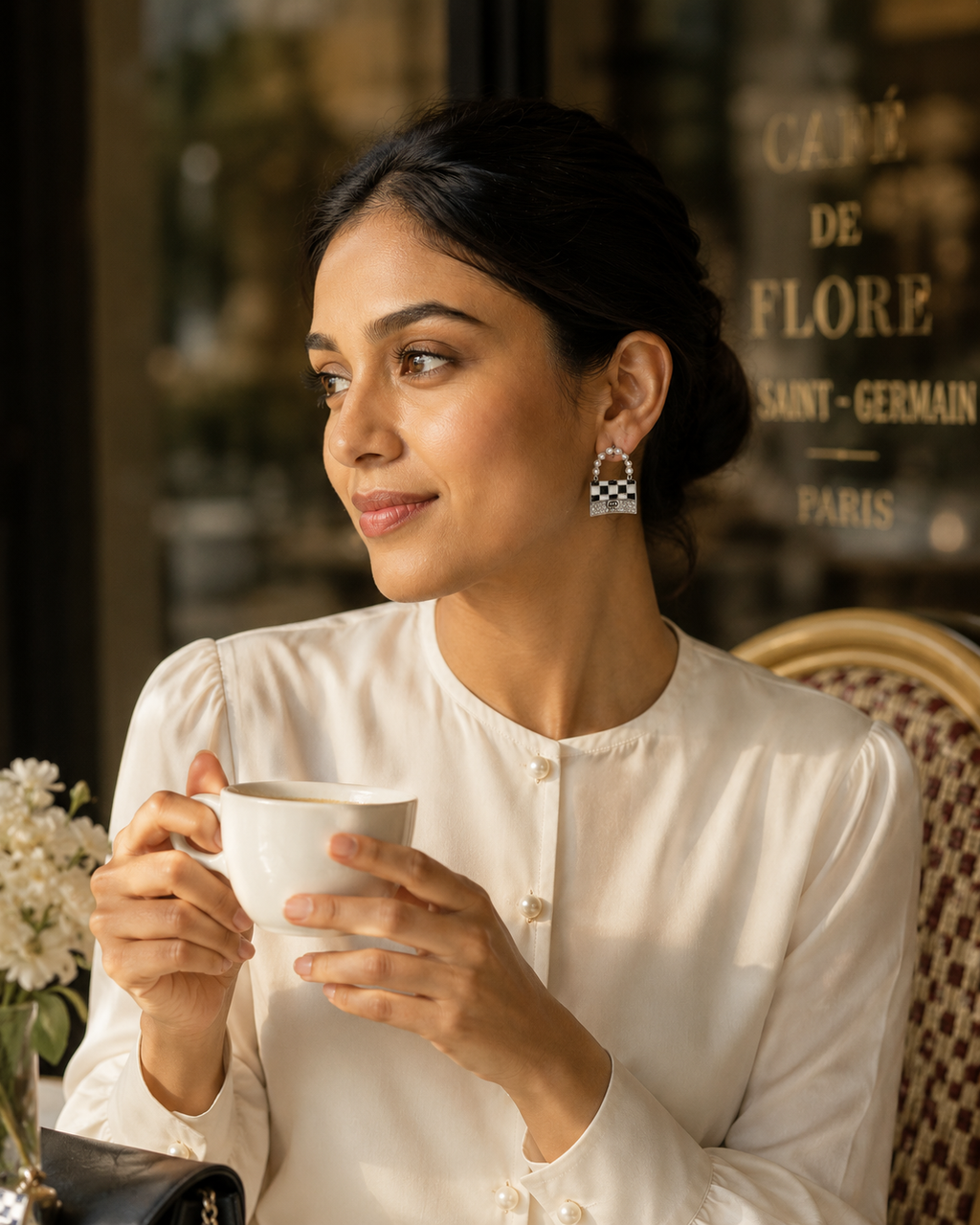 Woman in a white blouse holding a cup in a cozy indoor setting with 'Cafe de Flore' in the background.