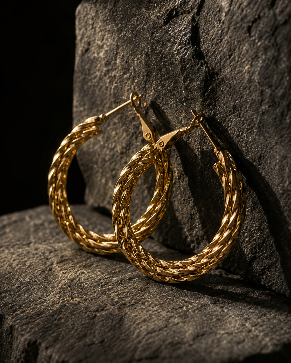 Gold hoop earrings on a textured stone surface