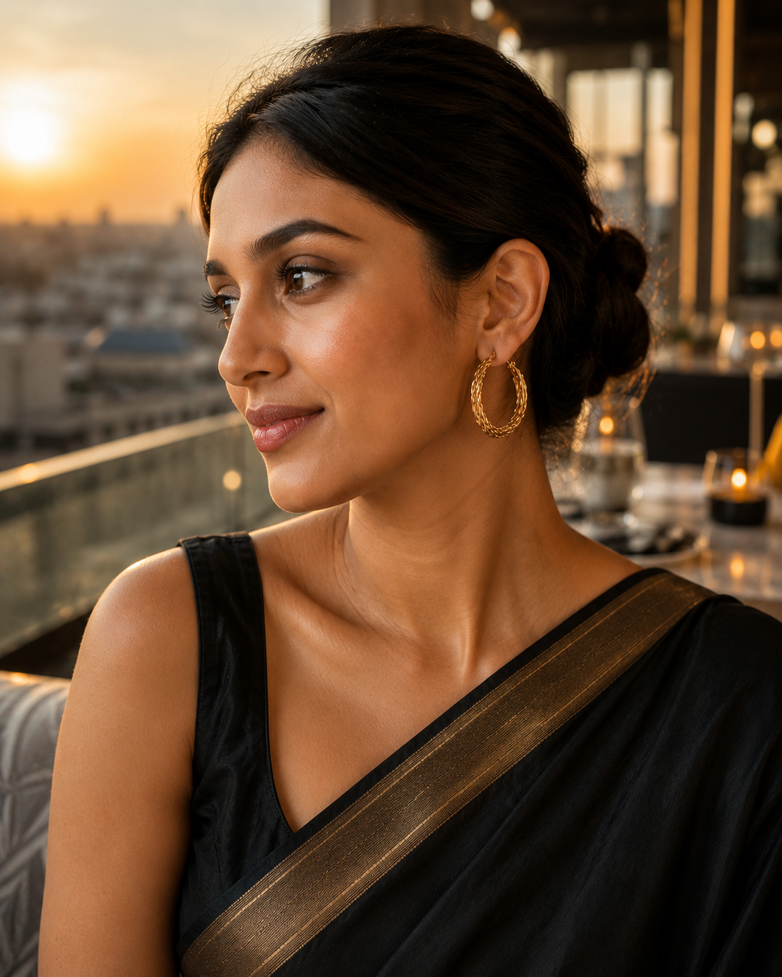 Woman in a black saree with gold accents sitting on a rooftop at sunset.