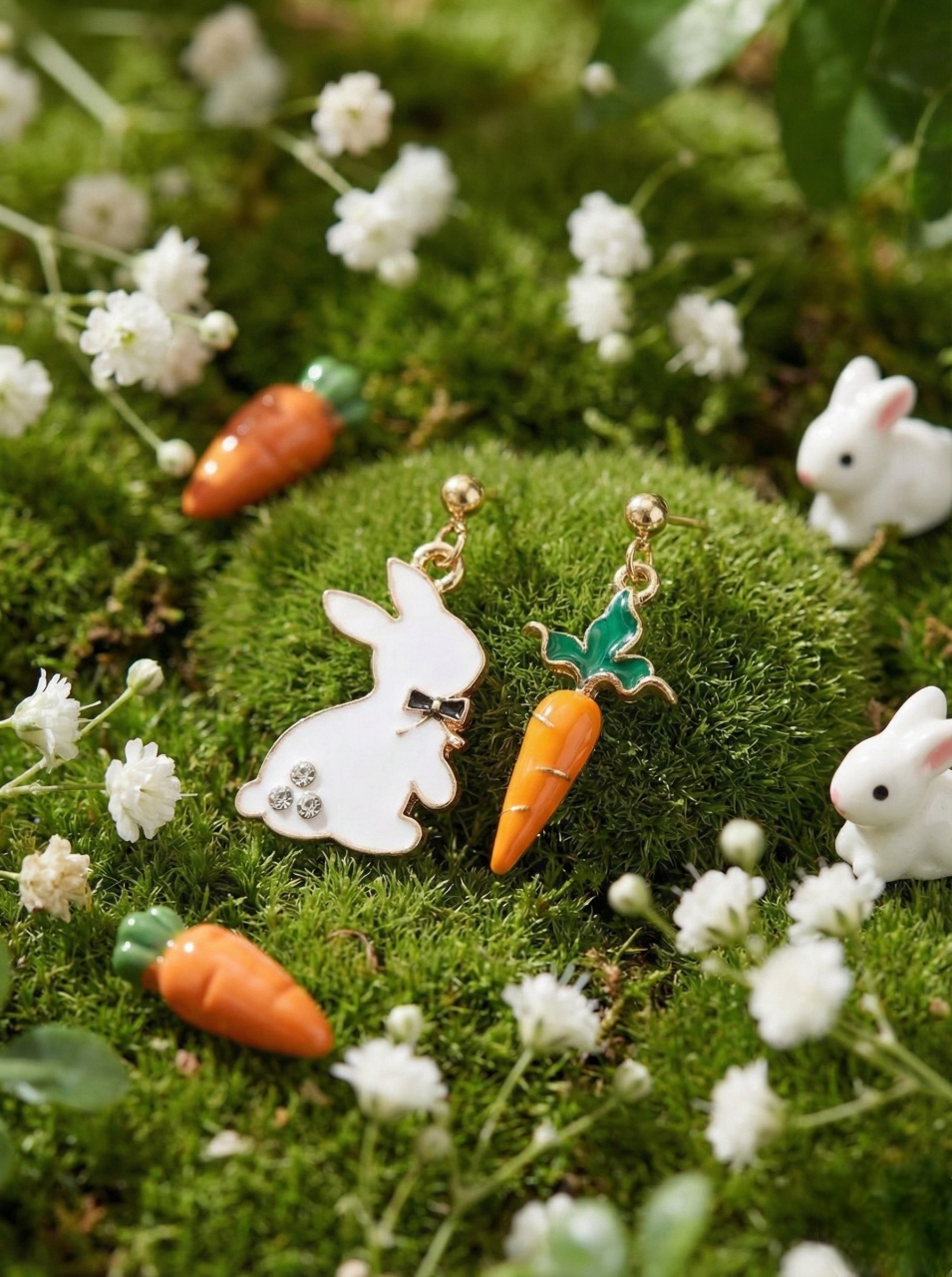 Pair of bunny and carrot earrings on a green moss background with small white flowers and carrots.