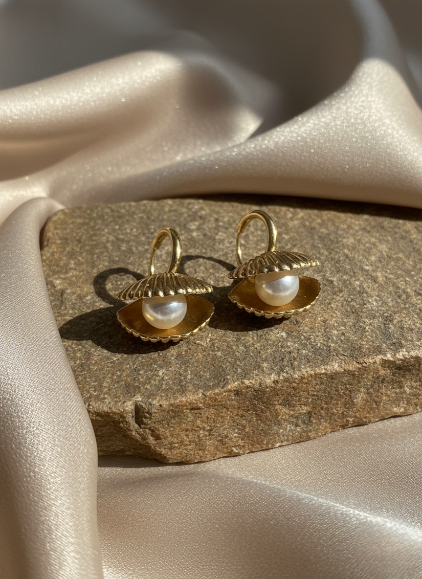 Golden Shell Pearl Drop Earrings