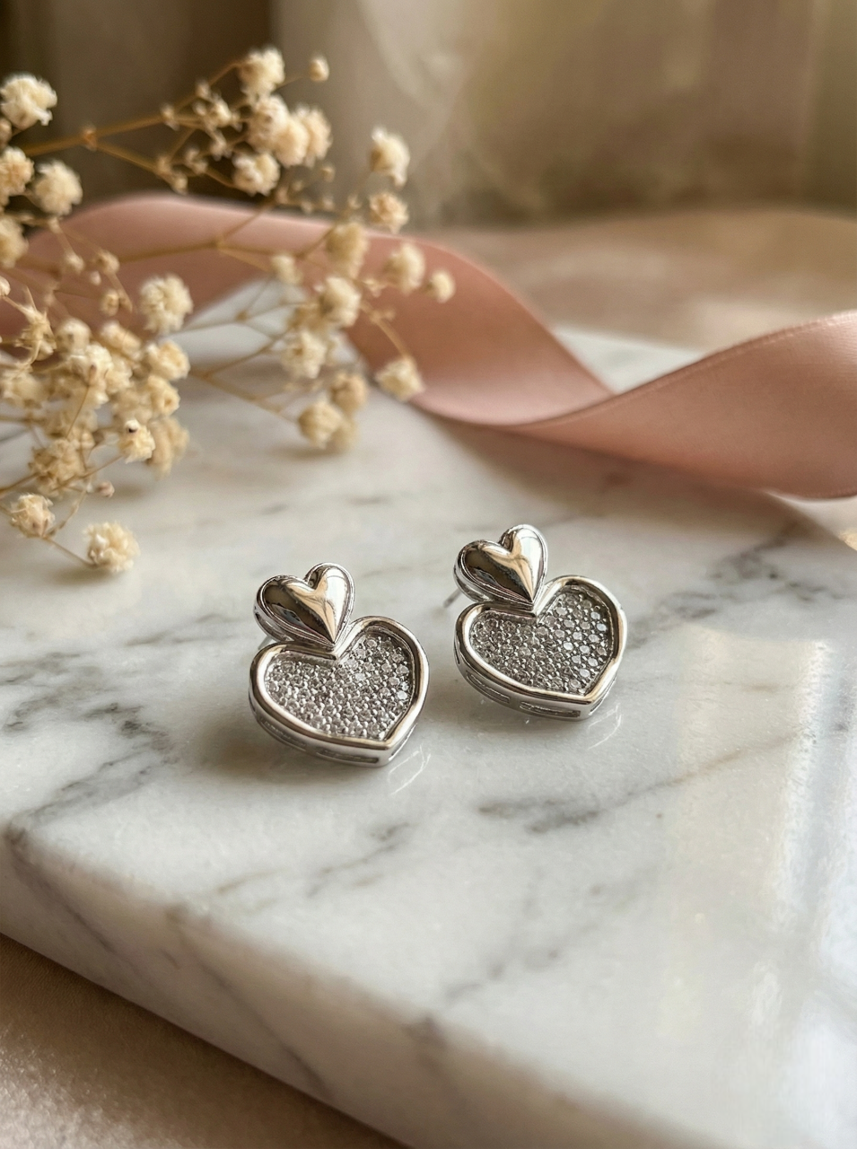 Silver Crystal Heart Stud Earrings