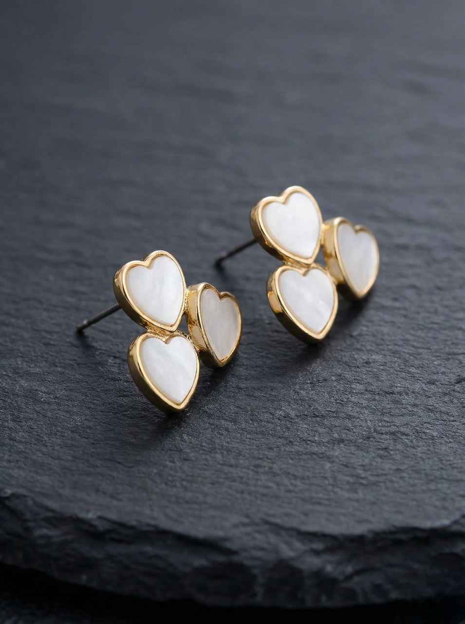 White Triple Heart Shell Stud Earrings - Gold