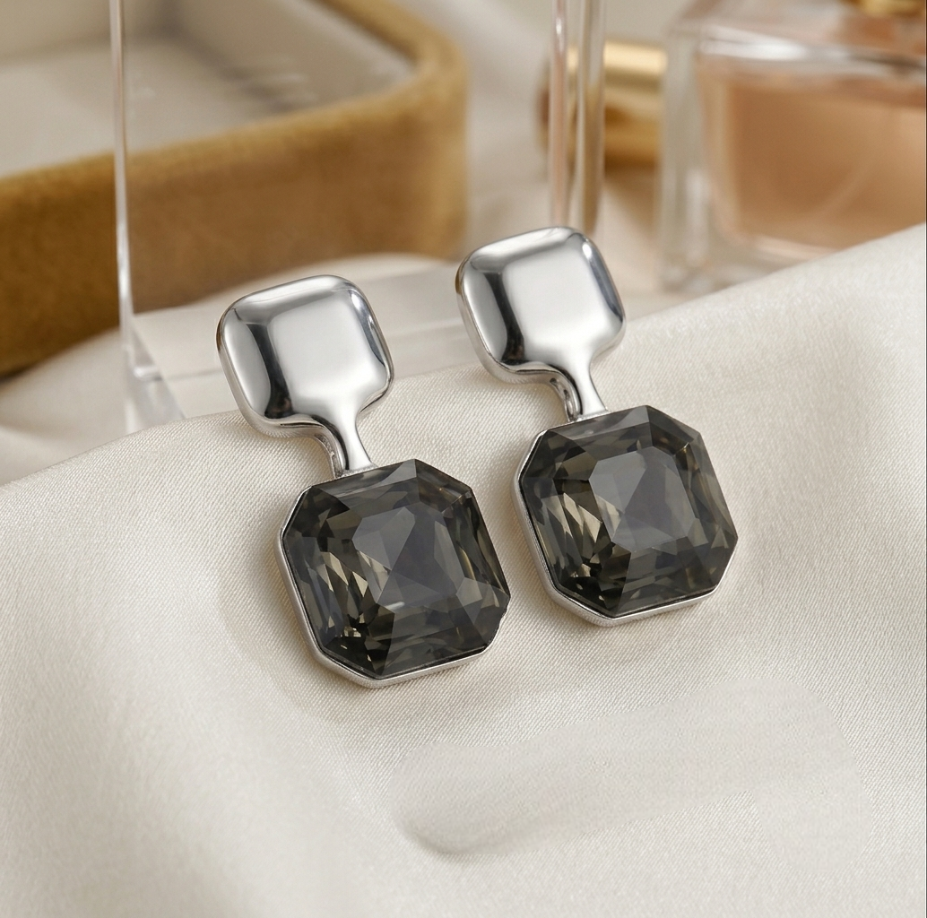 Smoke & Silver Square Drop Earrings