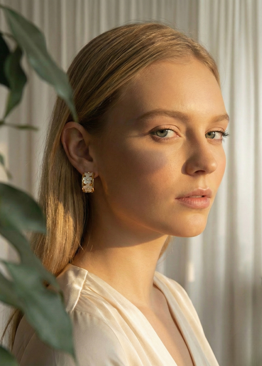 Woman with a plant in a softly lit room