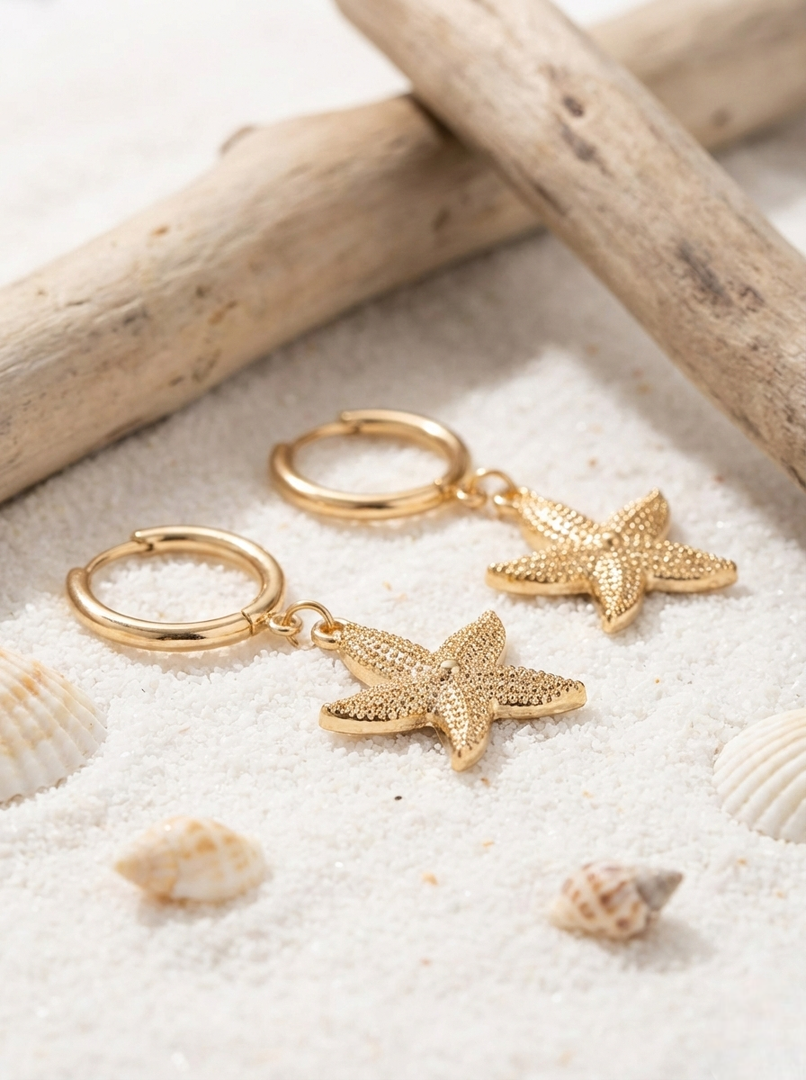 Gold Starfish Charm Hoop Earrings