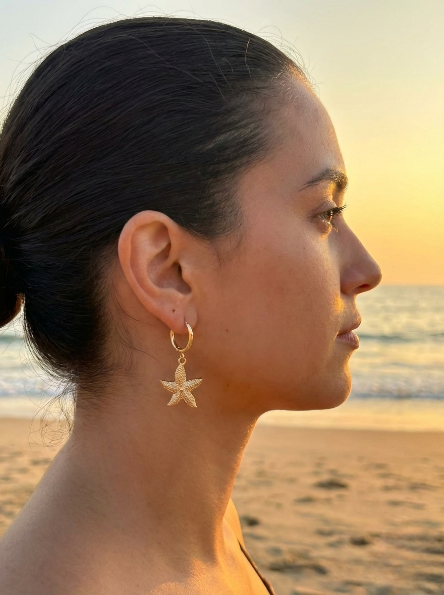 Gold Starfish Charm Hoop Earrings