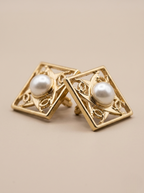 Gold Filigree Square Pearl Stud Earrings