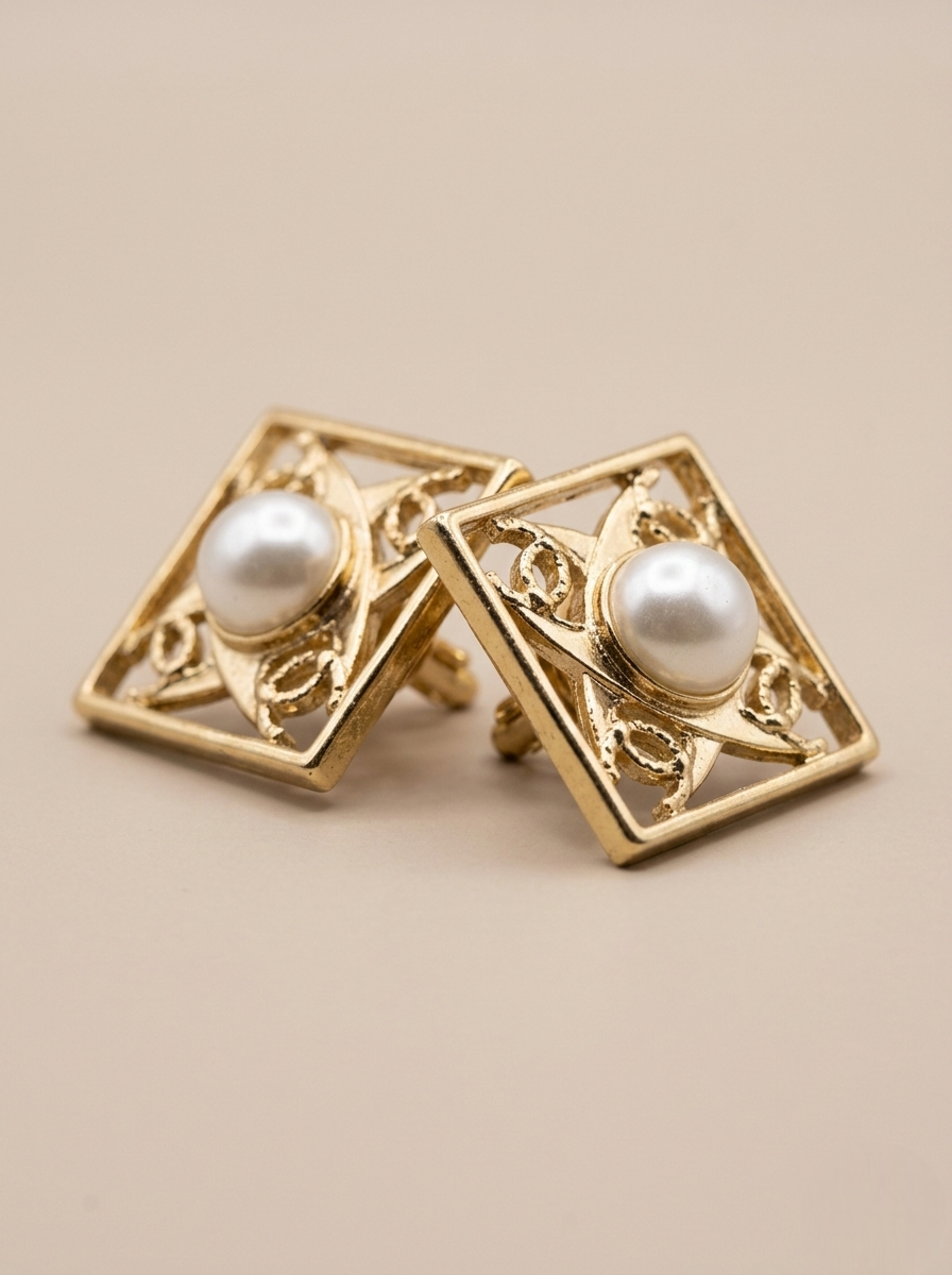 Gold Filigree Square Pearl Stud Earrings