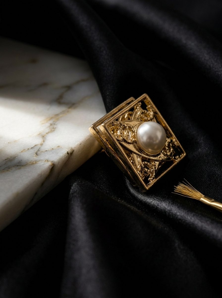 Gold Filigree Square Pearl Stud Earrings