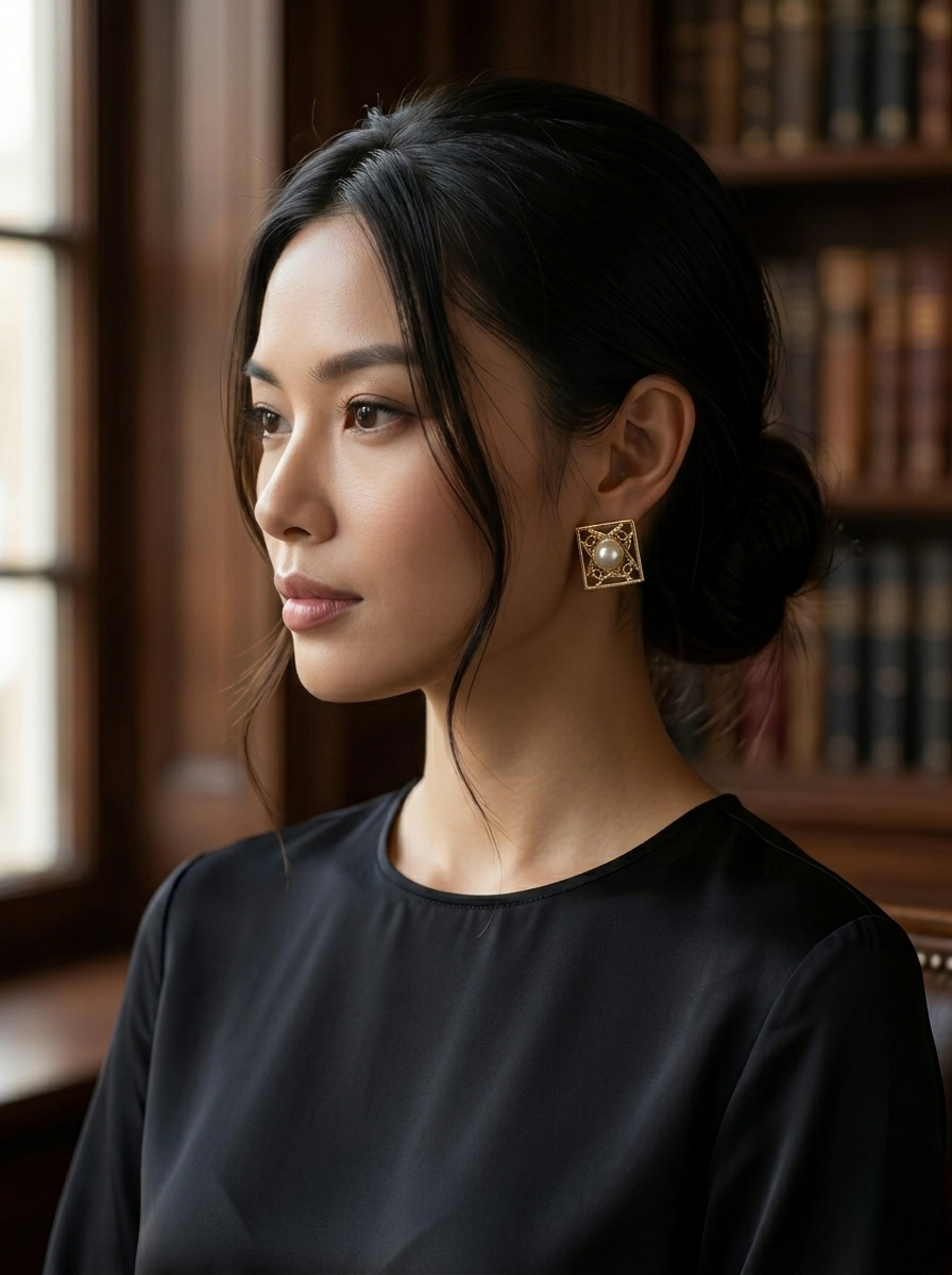 Gold Filigree Square Pearl Stud Earrings