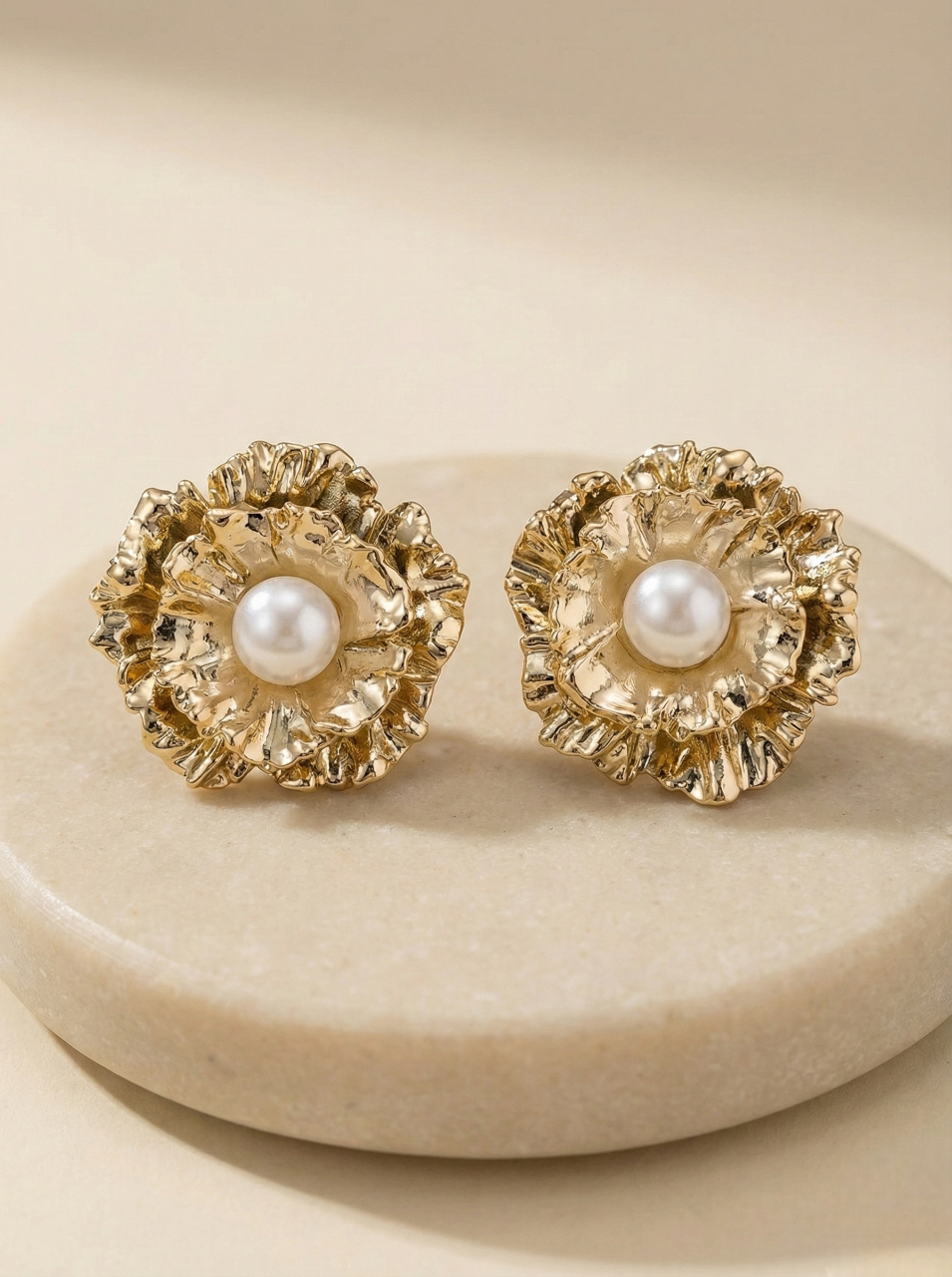 Gold Floral Pearl Stud Earrings
