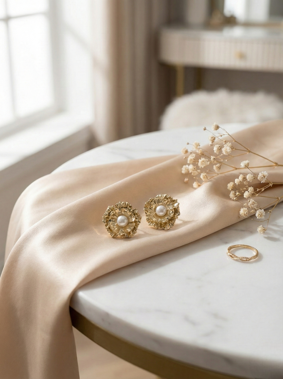 Gold Floral Pearl Stud Earrings