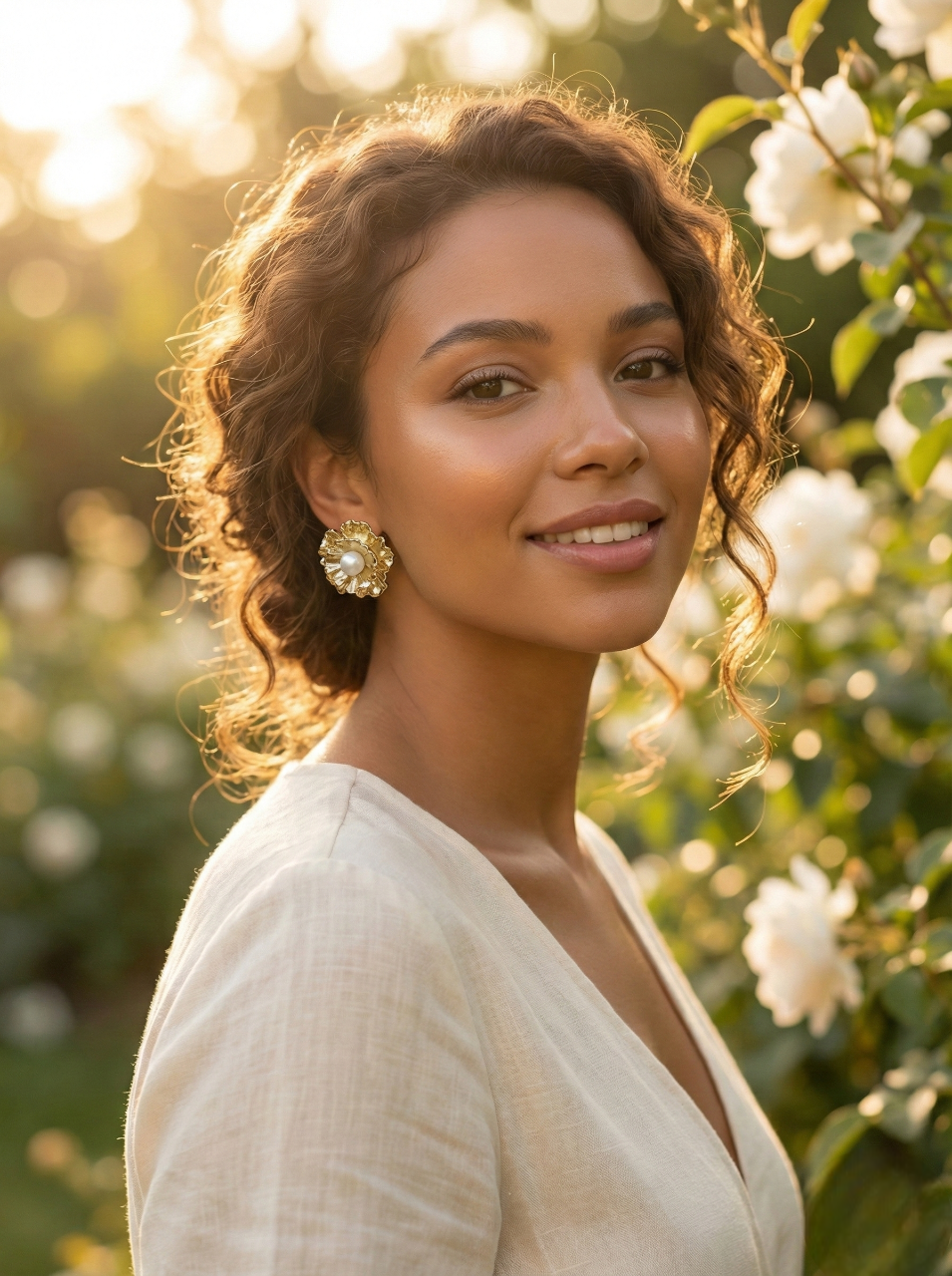 Gold Floral Pearl Stud Earrings