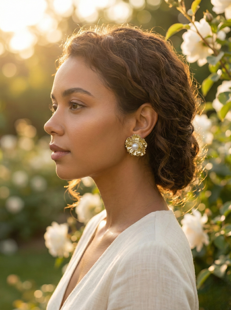 Gold Floral Pearl Stud Earrings