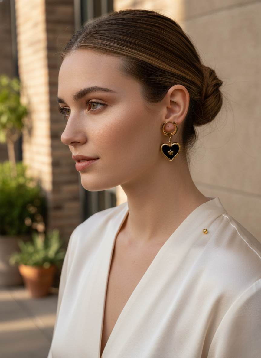 Black Shell Heart Star Hoop Earrings