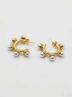 Gold Hammered Pearl Hoop Stud Earrings