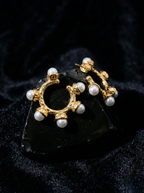 Gold Hammered Pearl Hoop Stud Earrings