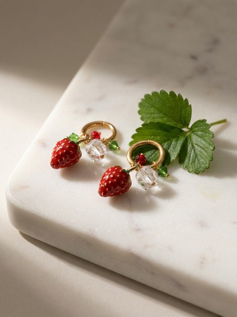 Strawberry Crystal Charm Hoop Earrings