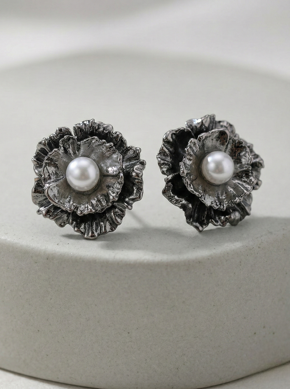 Silver Bloom Pearl Stud Earrings