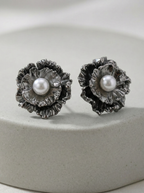 Silver Bloom Pearl Stud Earrings