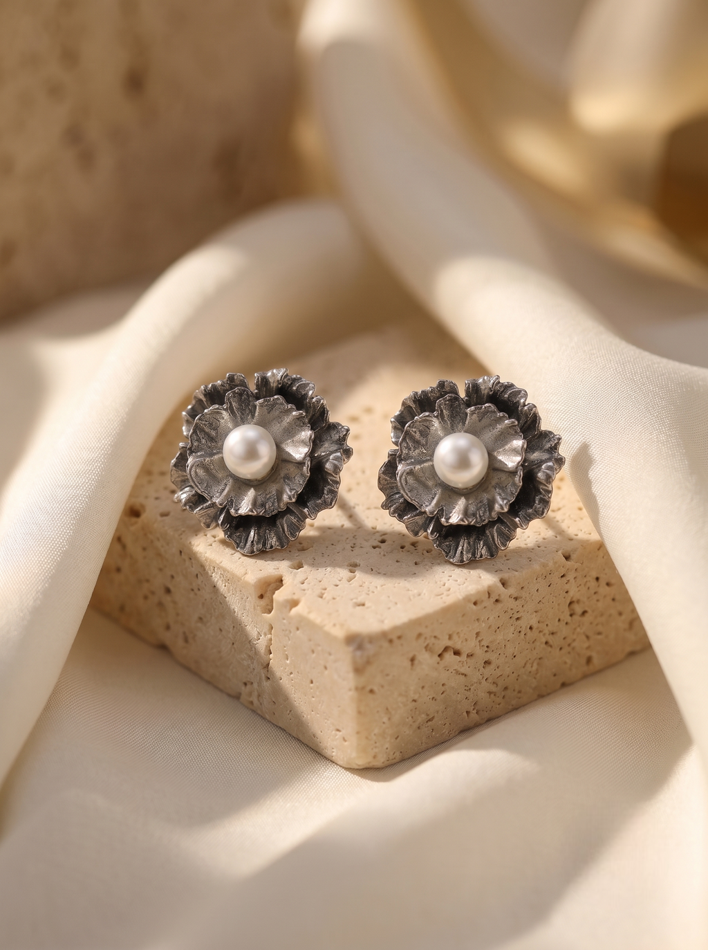 Silver Bloom Pearl Stud Earrings