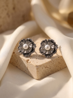 Silver Bloom Pearl Stud Earrings