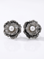 Silver Bloom Pearl Stud Earrings