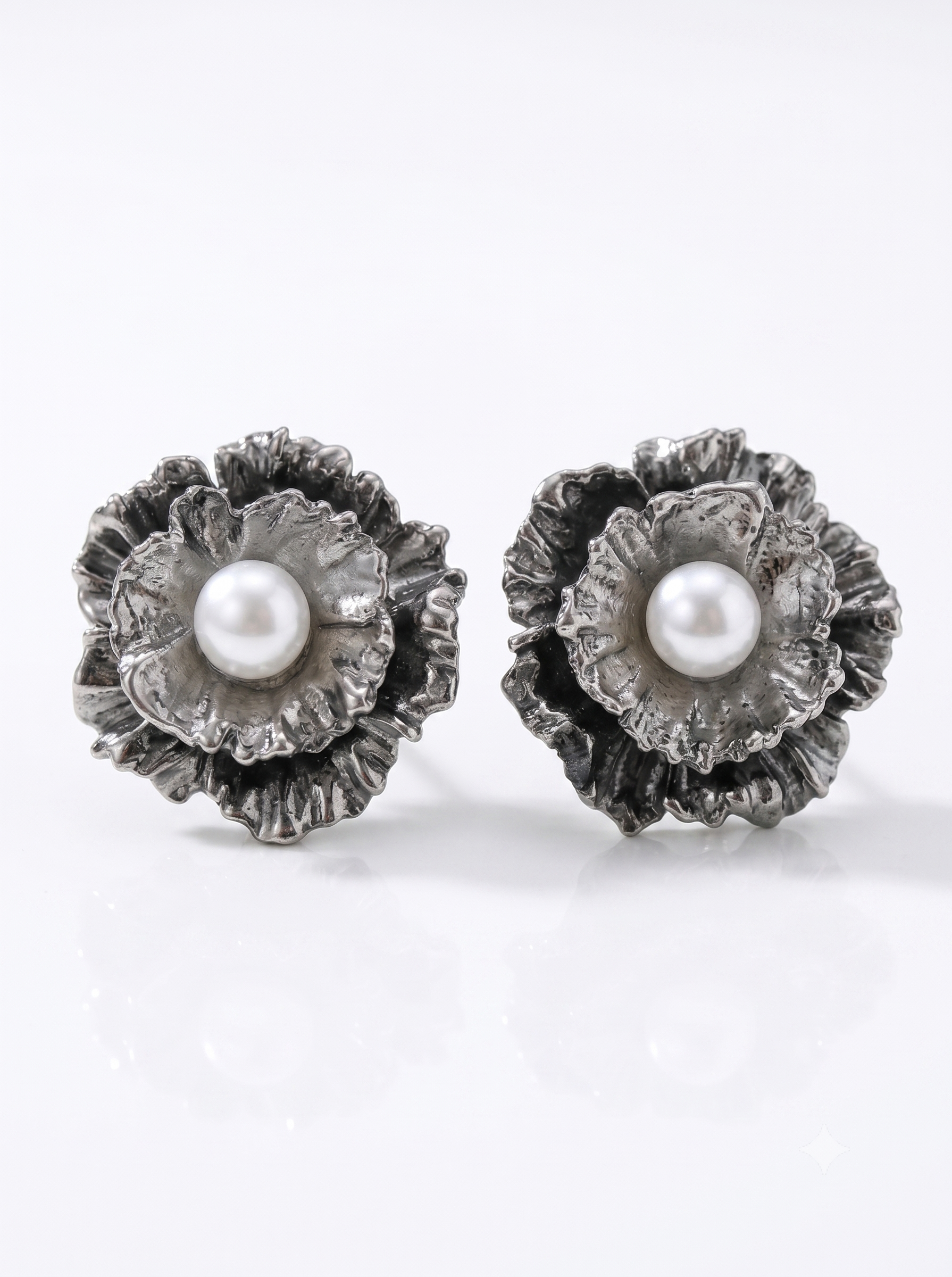 Silver Bloom Pearl Stud Earrings