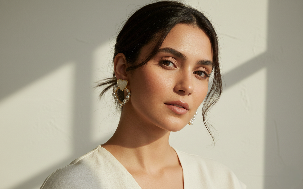 Pearl Heart Drop Earrings in Gold Finish