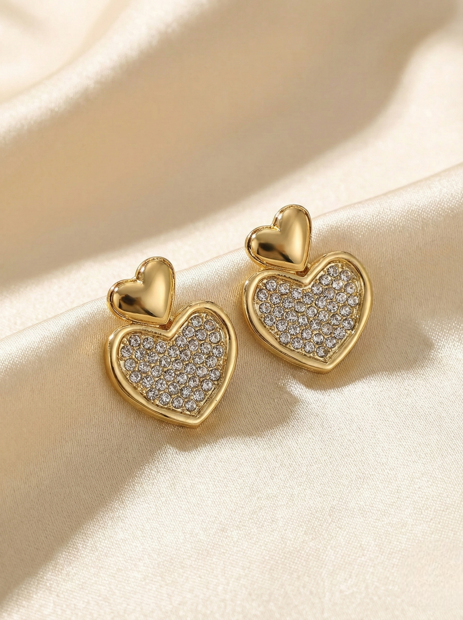 Crystal Heart Stud Earrings in Gold Finish