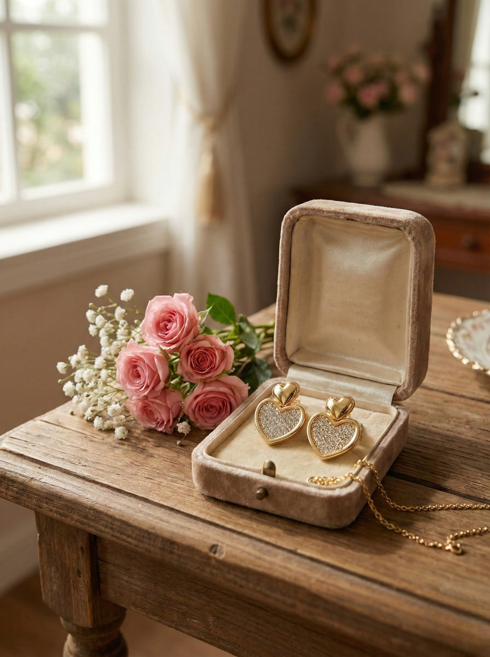 Crystal Heart Stud Earrings in Gold Finish