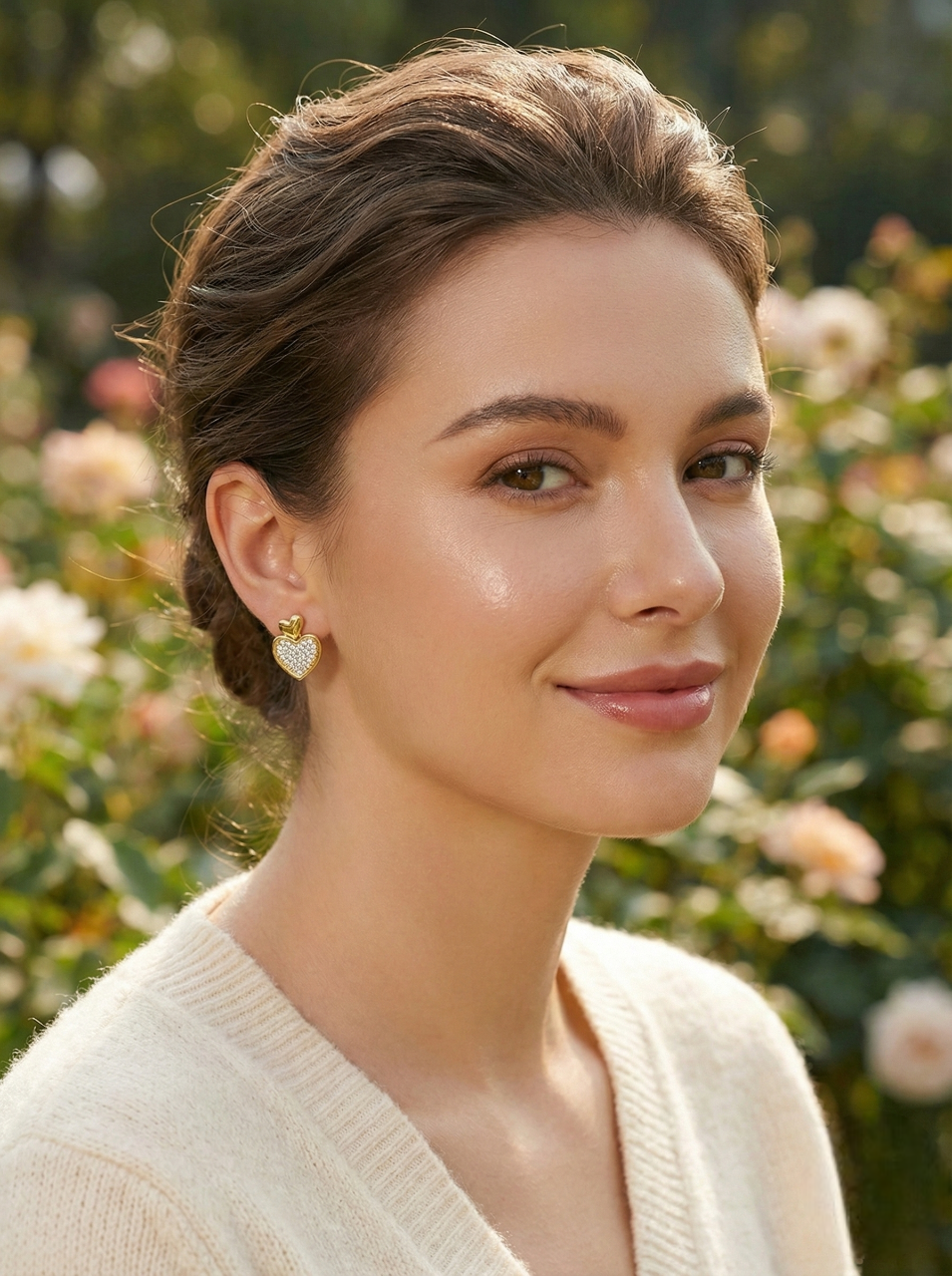 Crystal Heart Stud Earrings in Gold Finish