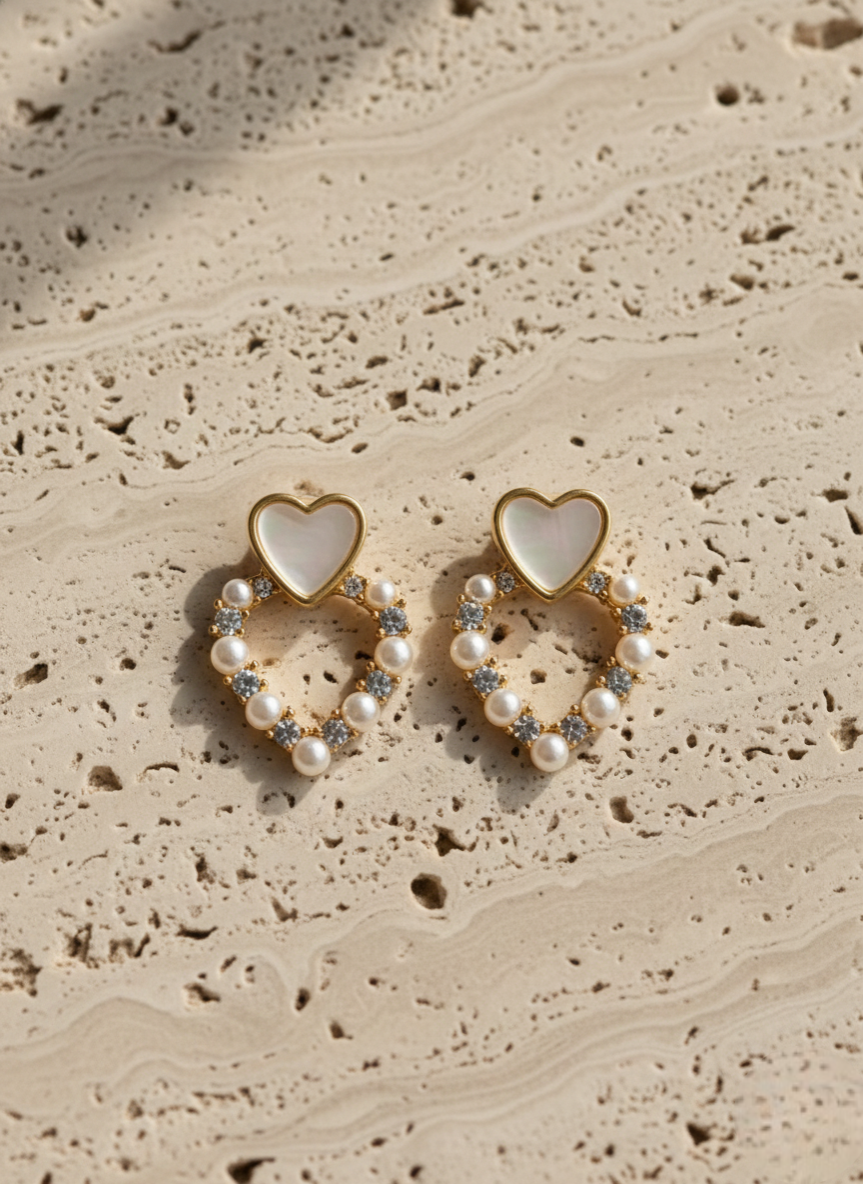 Pearl Heart Drop Earrings in Gold Finish