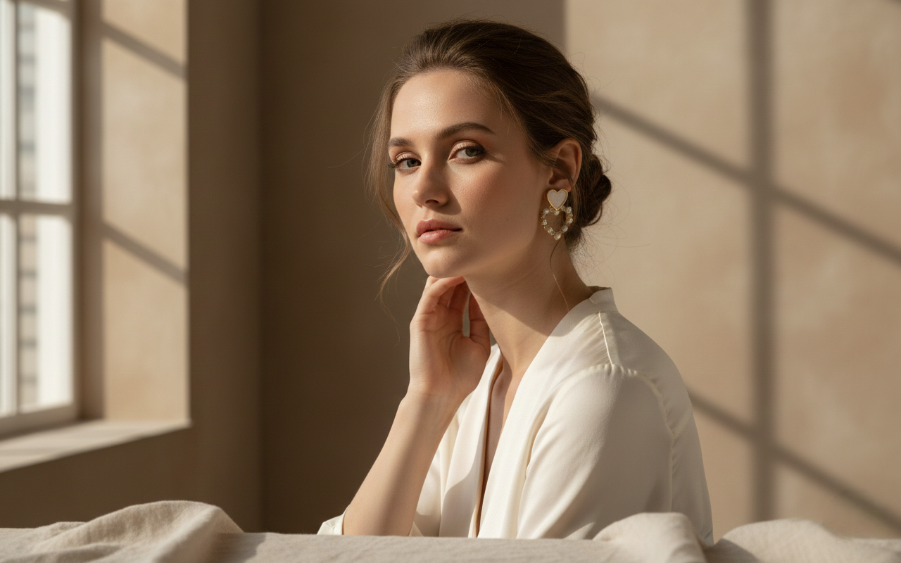 Pearl Heart Drop Earrings in Gold Finish