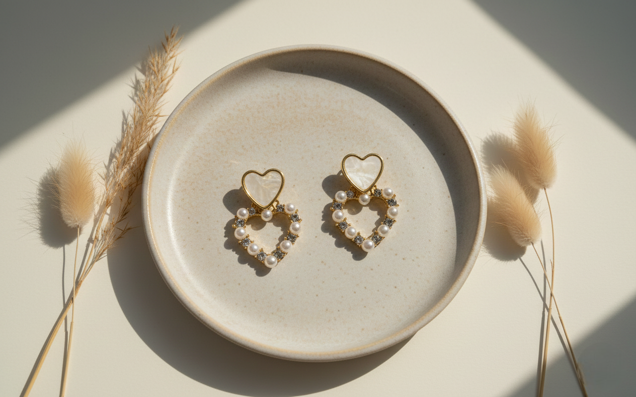 Pearl Heart Drop Earrings in Gold Finish