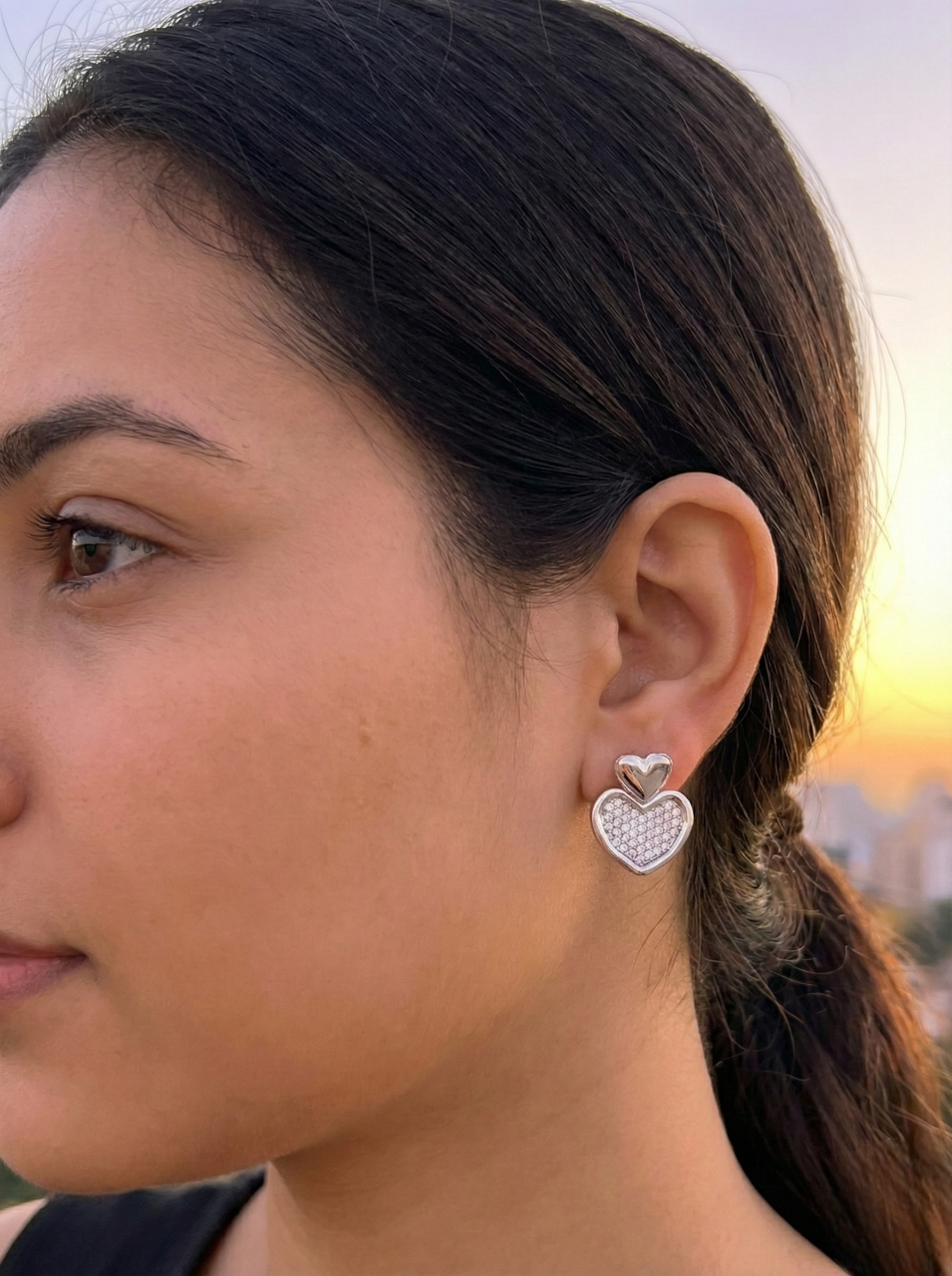 Silver Crystal Heart Stud Earrings