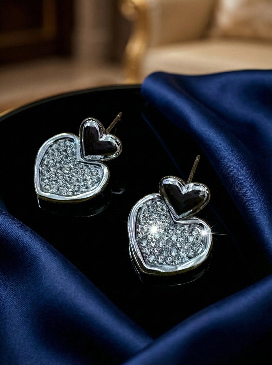 Silver Crystal Heart Stud Earrings
