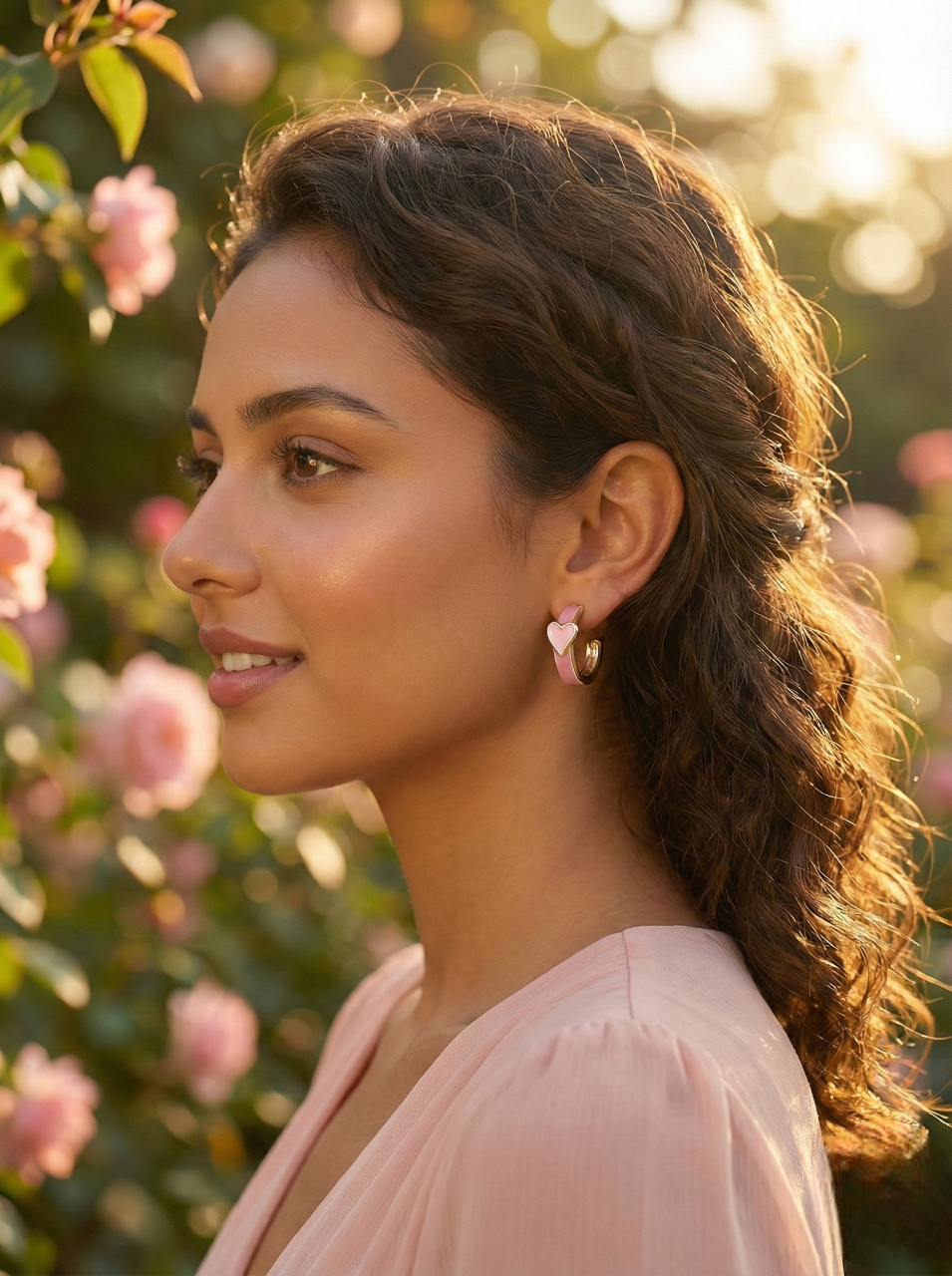 Woman with a side bun and pink top in a garden setting
