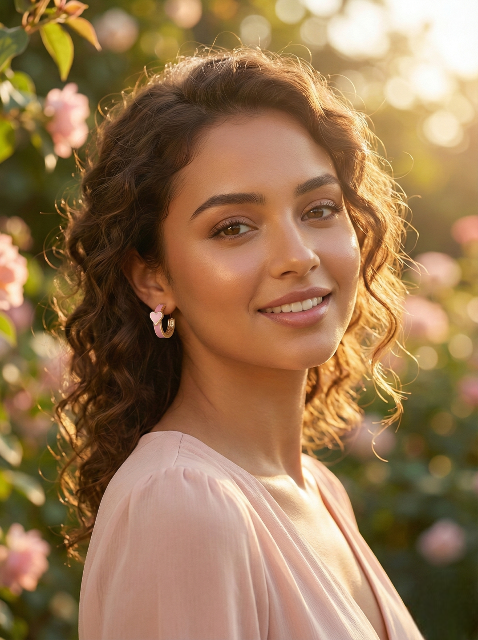 Woman with curly hair standing in a garden with pink flowers